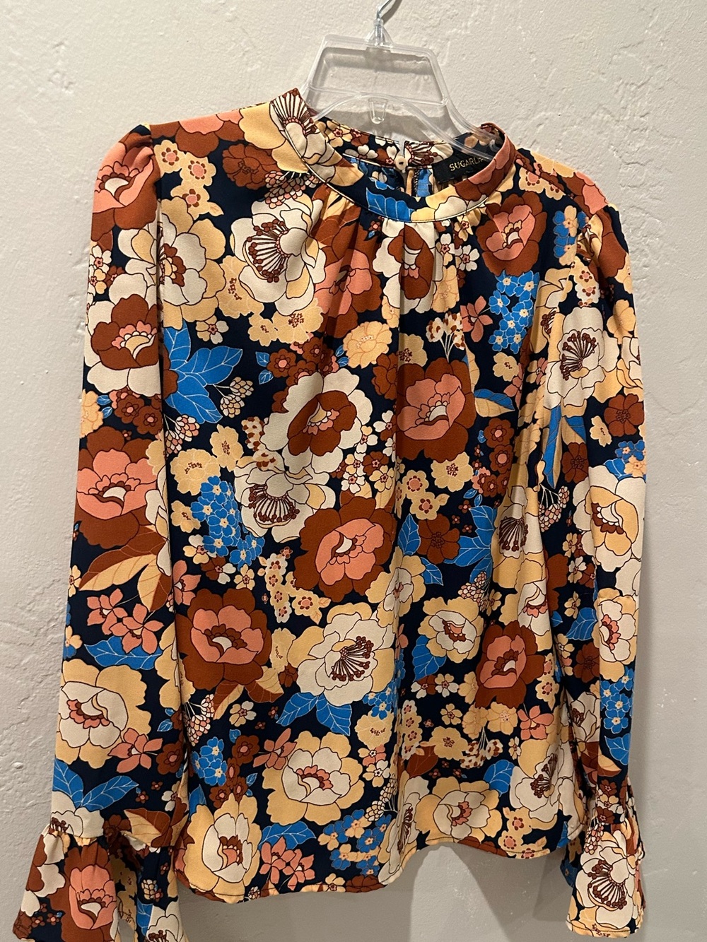 EUC Sugarlips Fall Floral Print Long Bell Sleeve Top Size Large - Picture 3 of 8